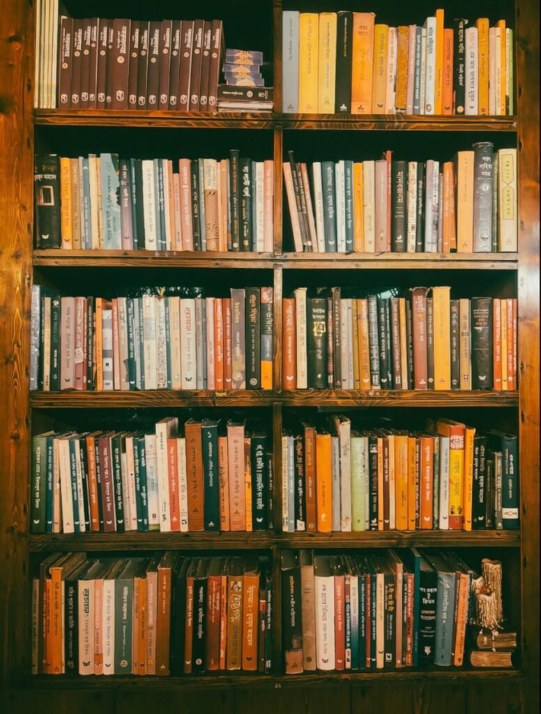 A warm-toned wooden bookshelf filled with a variety of books, inviting reading exploration.